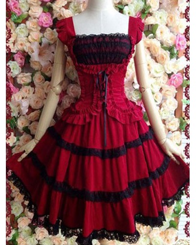 Gothic Lolita Dress JSK Cotton Lace Trim Pleated Red Lolita Jumper Skirt