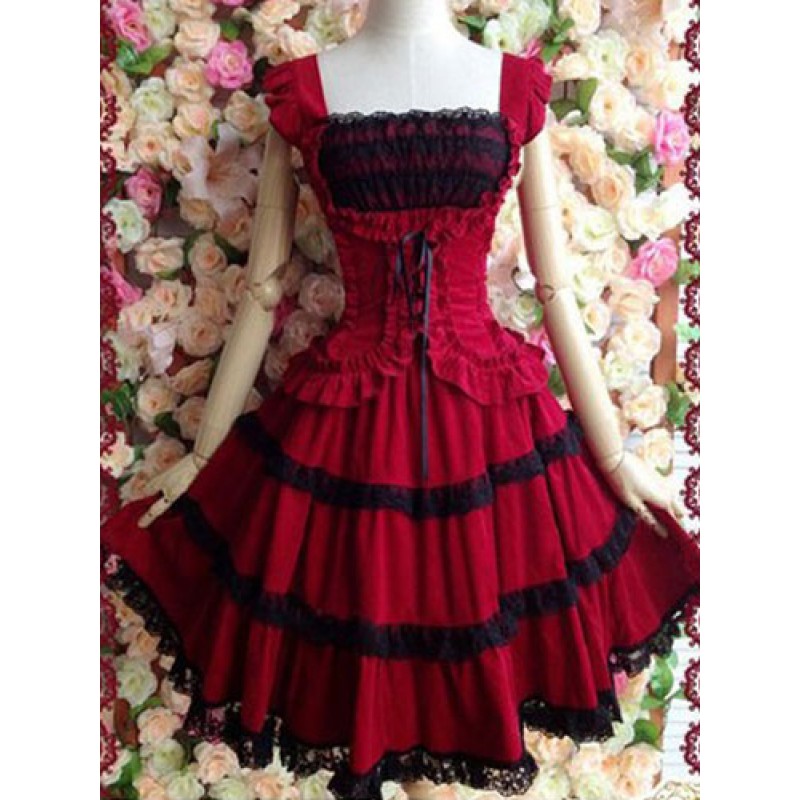 Gothic Lolita Dress JSK Cotton Lace Trim Pleated Red Lolita Jumper Skirt