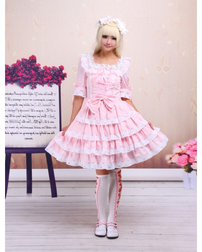 Pink Lolita OP Dress Middle Sleeves With Lace Trim Sweet ROCOCO Summer Tea Party