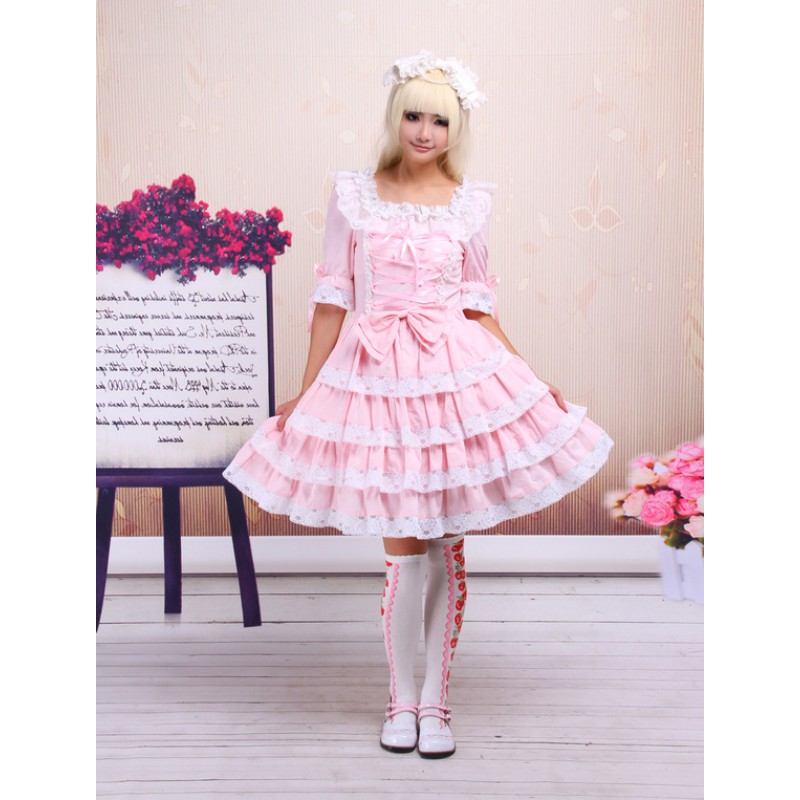 Pink Lolita OP Dress Middle Sleeves With Lace Trim Sweet ROCOCO Summer Tea Party