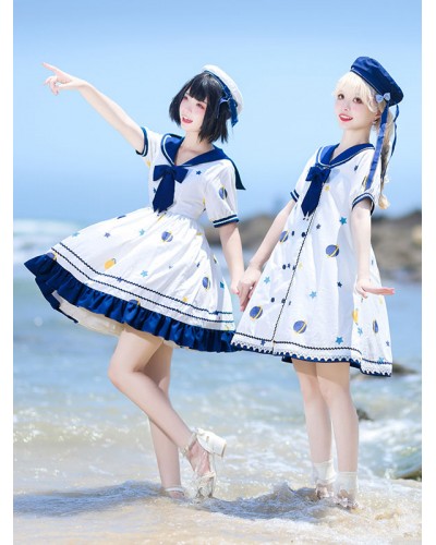 【Straight Skirt】Sweet Lolita Dress Polyester Short Sleeves Navy Style Dress Lolita Dress