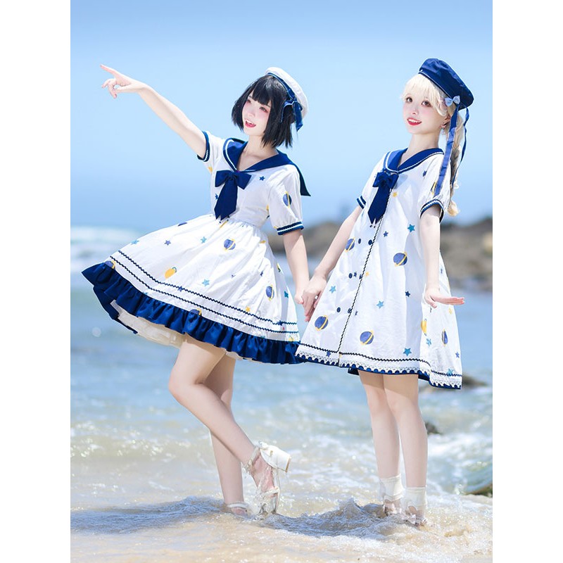 【Straight Skirt】Sweet Lolita Dress Polyester Short Sleeves Navy Style Dress Lolita Dress