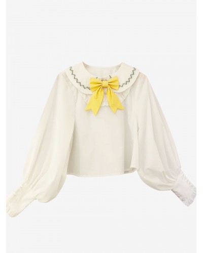 Lolita White Lolita Top Long Sleeves Bows Lolita Shirt Blouses Sweet Daily Casual Tea Party