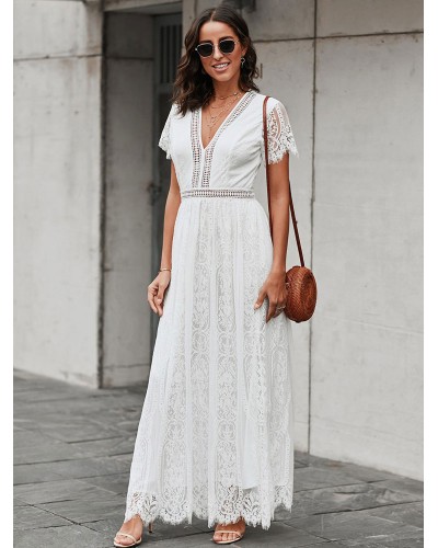 Women V-Neck Dress Short Sleeves Casual Long Dress Maxi Spring Summer