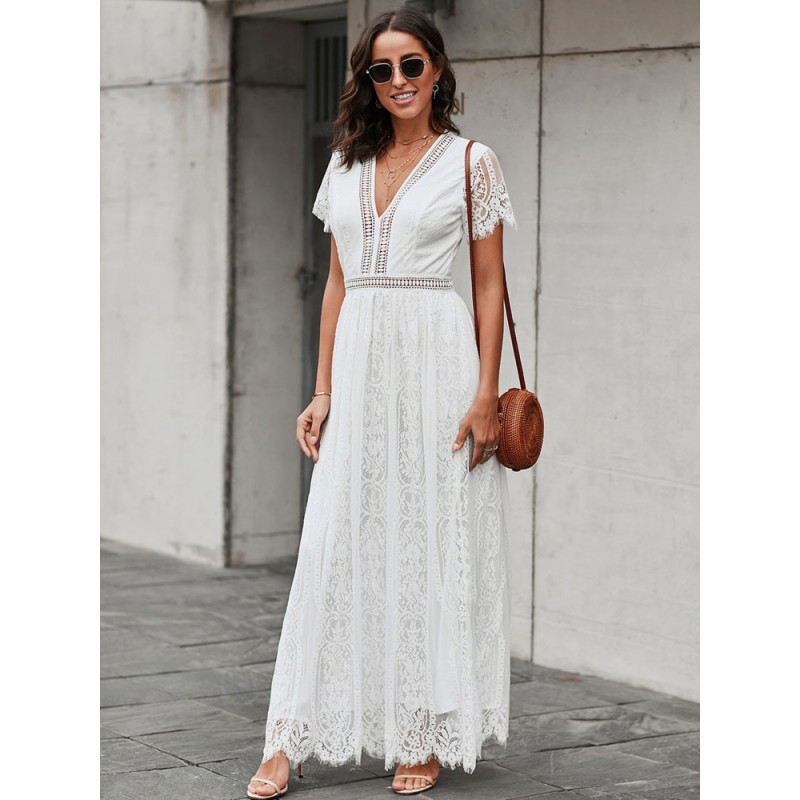 Women V-Neck Dress Short Sleeves Casual Long Dress Maxi Spring Summer