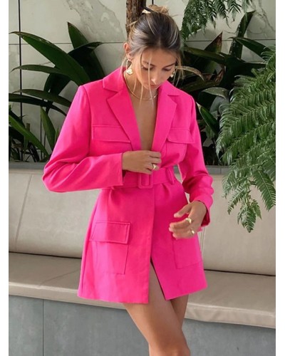 Blazer Jacket Rose Solid Color Turndown Collar Belt Relaxed Fit Chic Blazer Dress Street Outerwear For Women Chic  Modern Spring Fall