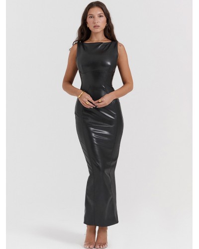 Women Dresses Black Jewel Neck Low-slit Chic Sleeveless Pencil Dress Bodycon Spring Summer Fall