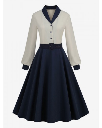 Dress 1950s Audrey Hepburn Style V-Neck Buttons Long Sleeves Medium Two-Tone Rockabilly Dress Vintage Retro Spring Fall