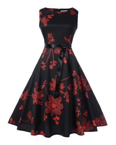 Women Black Vintage Dress 1950s Audrey Hepburn Style Printed Sleeveless Sash Slim Fit Summer Swing Dress Daily Casual