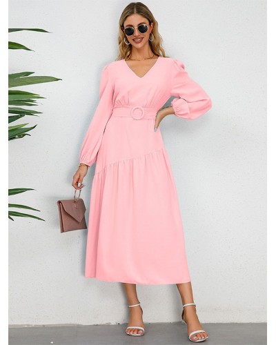 Women Midi Dress V-Neck Long Sleeves Casual Dress Bodycon Spring Fall