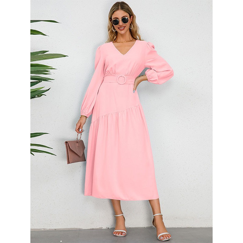 Women Midi Dress V-Neck Long Sleeves Casual Dress Bodycon Spring Fall