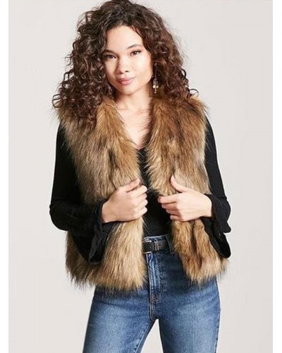 Women Faux Fur Coats Coffee Brown Sleeveless Coat Faux Fur Jacket Fall Winter Daily Casual Street Wear