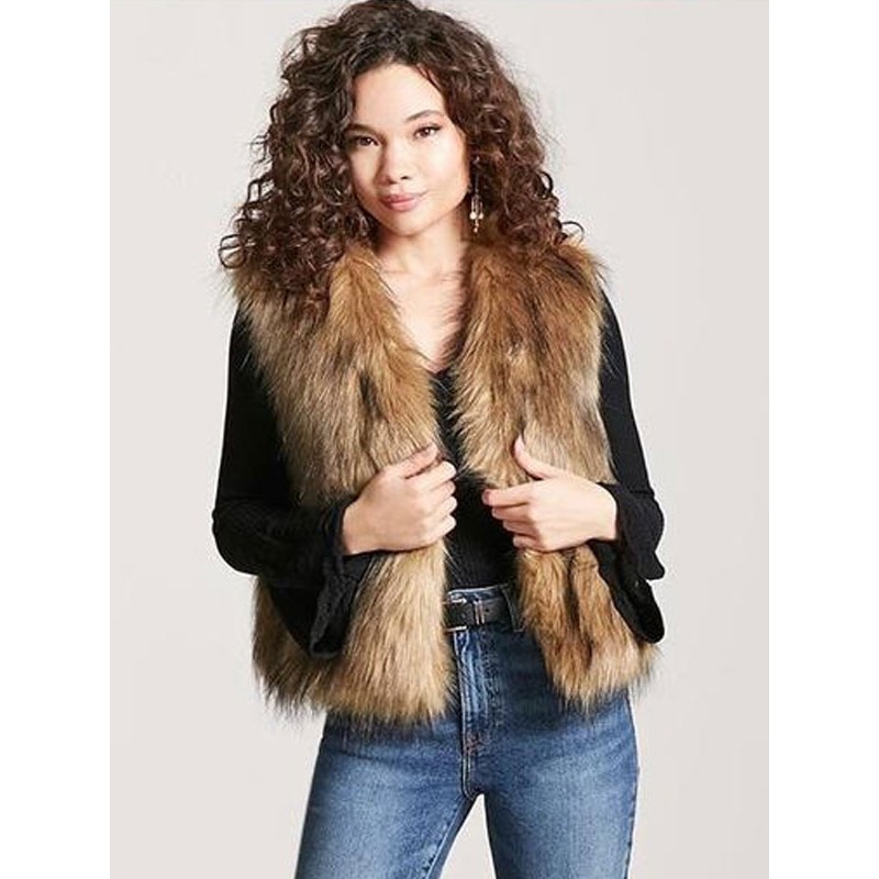 Women Faux Fur Coats Coffee Brown Sleeveless Coat Faux Fur Jacket Fall Winter Daily Casual Street Wear