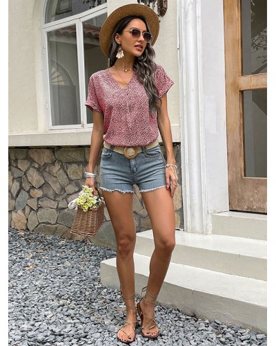 Women Blouse Burgundy Tatting V-Neck Classic Floral Print Short Sleeves Tops Classic  Traditional Summer