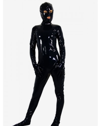 Unisex Black Full Body PVC Catsuit For Adult With Eyes And Mouth Opened Gimp Suit Costume Solid