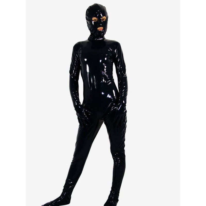 Unisex Black Full Body PVC Catsuit For Adult With Eyes And Mouth Opened Gimp Suit Costume Solid