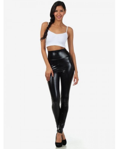 Black Adults Leggings Shiny Metallic Skinny Pants For Women