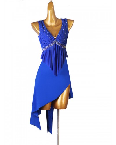 Latin Dance Costume Blue Women's Rhinestones Fringe Bodycon Polyester Dress Dancing Wear Sexy Ball