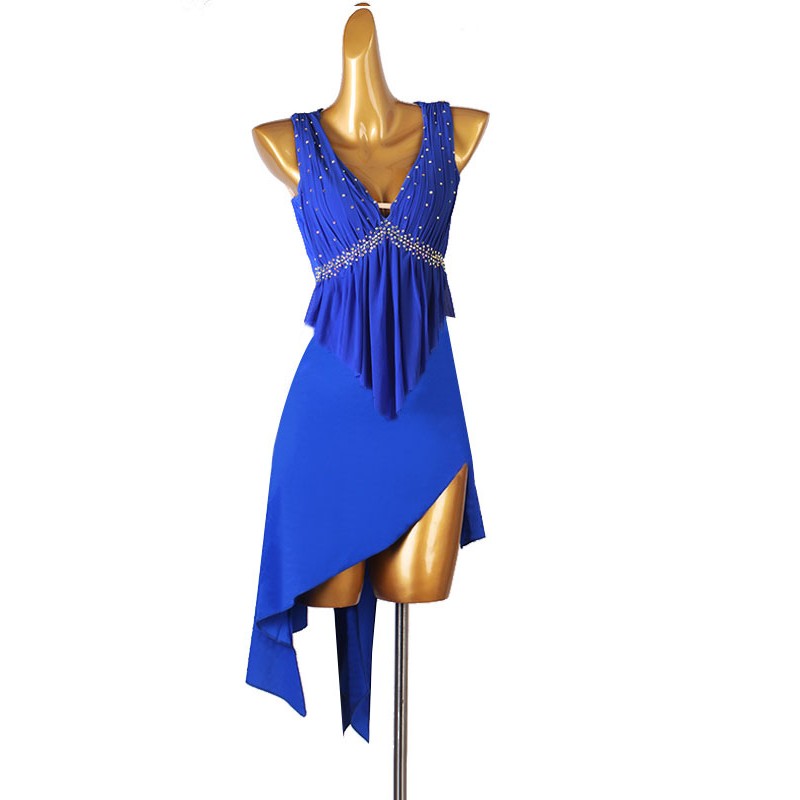 Latin Dance Costume Blue Women's Rhinestones Fringe Bodycon Polyester Dress Dancing Wear Sexy Ball