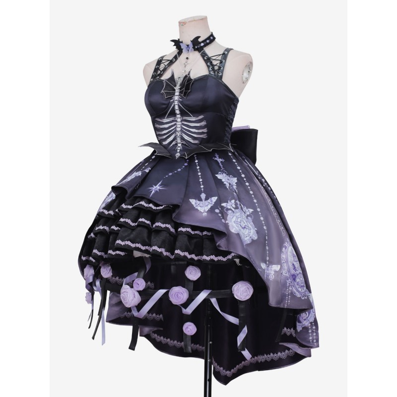 Sweet Lolita JSK Dress Floral Print Applique Bows Purple Lolita Jumper Skirts