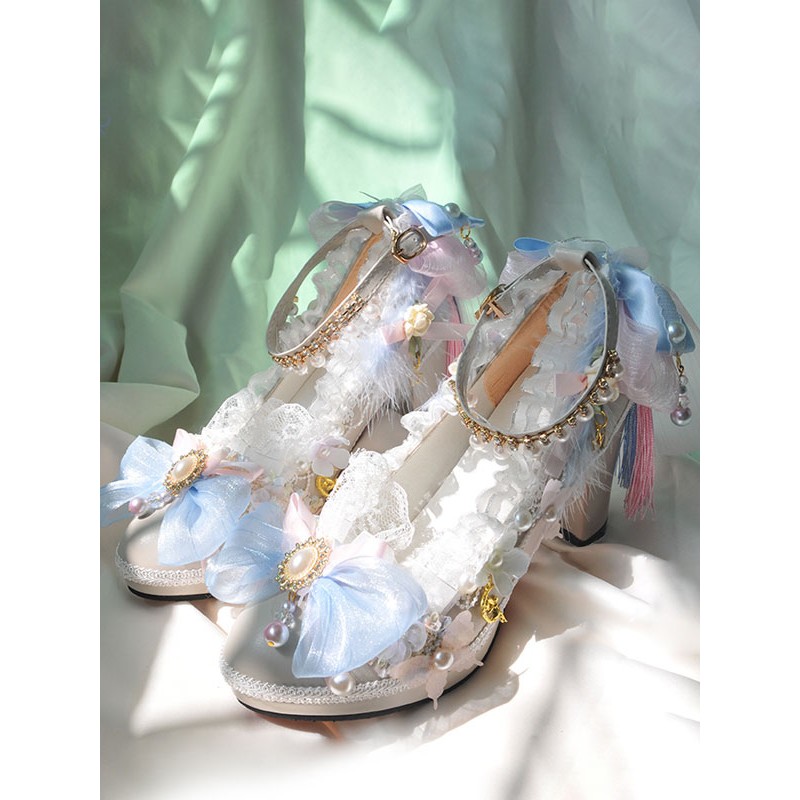 Style Lolita Footwear Ecru White Pearls Ruffles Bow PU Leather Chunky Heel Lolita Pumps Sweet Lolita Wedding Dress ROCOCO Daily Casual Tea Party