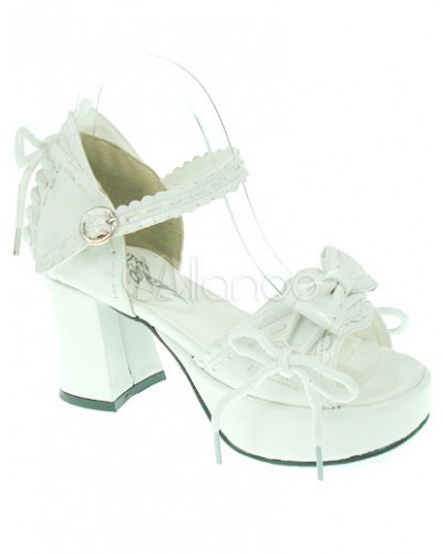 PU Leather Bow White High( 3-3.9quot;) Open Toe Lolita Sandals