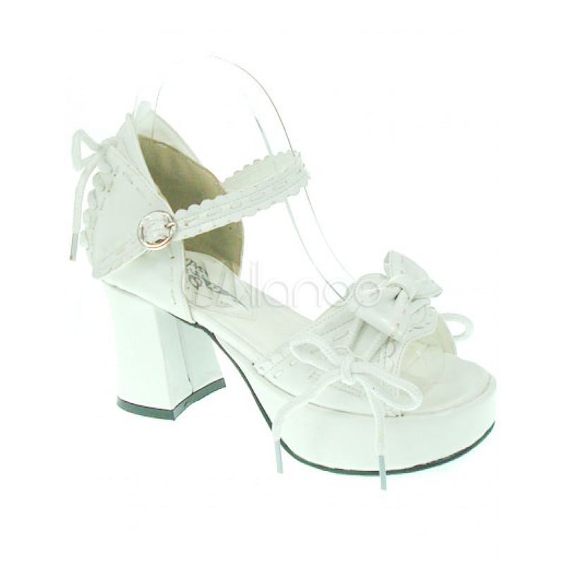 PU Leather Bow White High( 3-3.9quot;) Open Toe Lolita Sandals