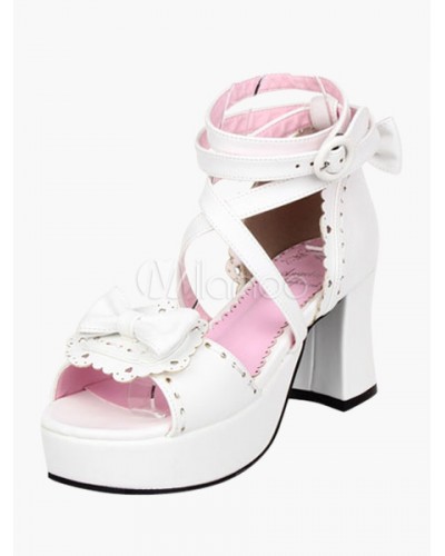 White Chunky Heel Platform Bow Ankle Strap Lolita Sandals