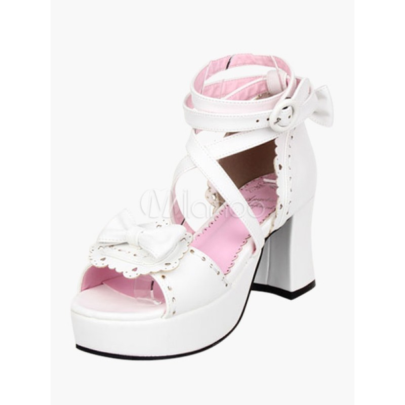 White Chunky Heel Platform Bow Ankle Strap Lolita Sandals