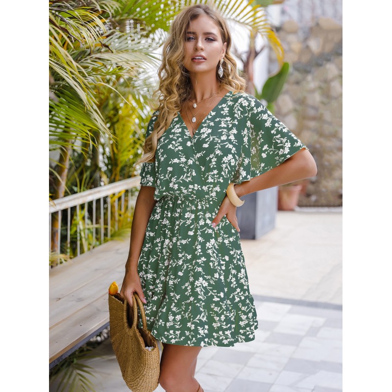 Summer Dress V-Neck Printed Pleated Layered Light Green Short Beach Dress Mini Street Wear Daily Casual Resort Wear