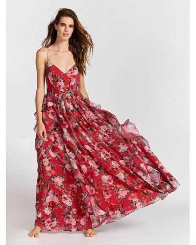 Women Maxi Dress V-Neck Sleeveless Floral Long Dress Bohemian Spring Summer