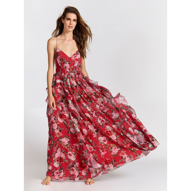 Women Maxi Dress V-Neck Sleeveless Floral Long Dress Bohemian Spring Summer