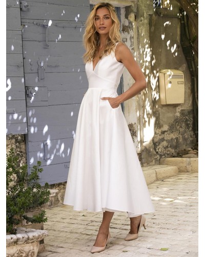 Women Party Dresses White V-Neck Pockets Sleeveless Backless Semi Formal Dress Elegant Classic  Traditional Spring Summer Fall