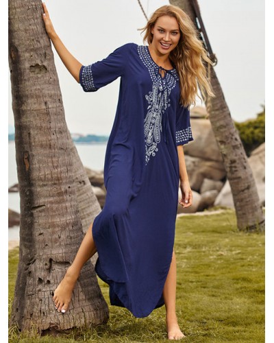 Women Dark Navy Color Block Embroidered V-Neck 3/4 Length Sleeves Oversized Summer Sexy Swimwear Cover Ups Beach Resort Wear