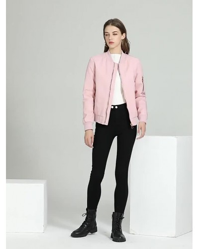 Women Bomber Jacket Pink Baseball Jacket Solid Color Stand Collar Zip Up Street Outerwear Casual Spring Fall Winter Street Wear Field