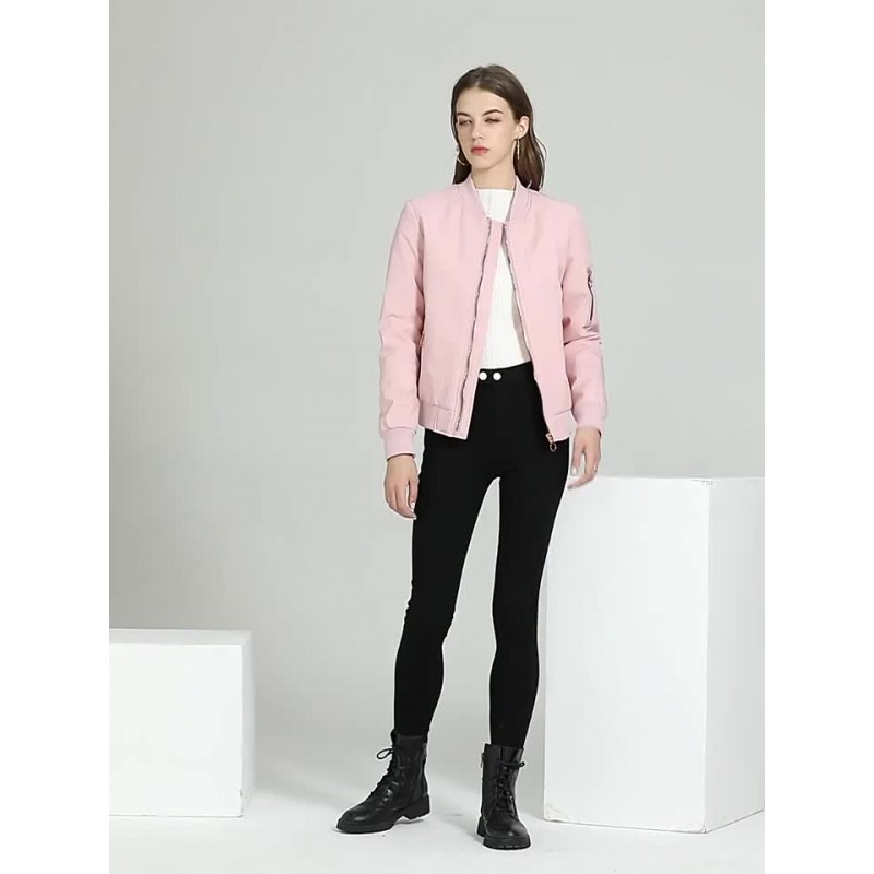 Women Bomber Jacket Pink Baseball Jacket Solid Color Stand Collar Zip Up Street Outerwear Casual Spring Fall Winter Street Wear Field