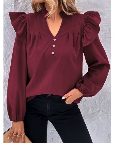 Shirt For Women Burgundy Ruffles V-Neck Long Sleeves Tops Casual Street Wear Dating Office  Career