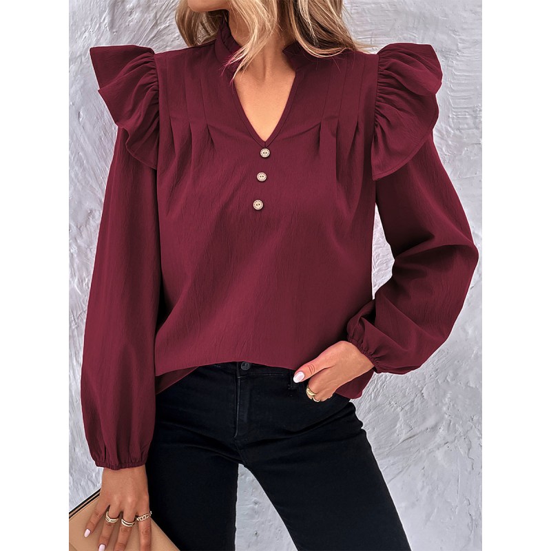 Shirt For Women Burgundy Ruffles V-Neck Long Sleeves Tops Casual Street Wear Dating Office  Career