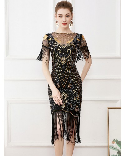 Women Party Dresses Burgundy Jewel Neck Sequins Short Sleeves Sheer Semi Formal Dress Sweet Classic  Traditional Spring Summer Fall