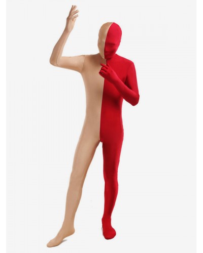 Unisex Red And Fleshcolor Two Tone Zentai Suit Full Body Lycra Spandex Bodysuit