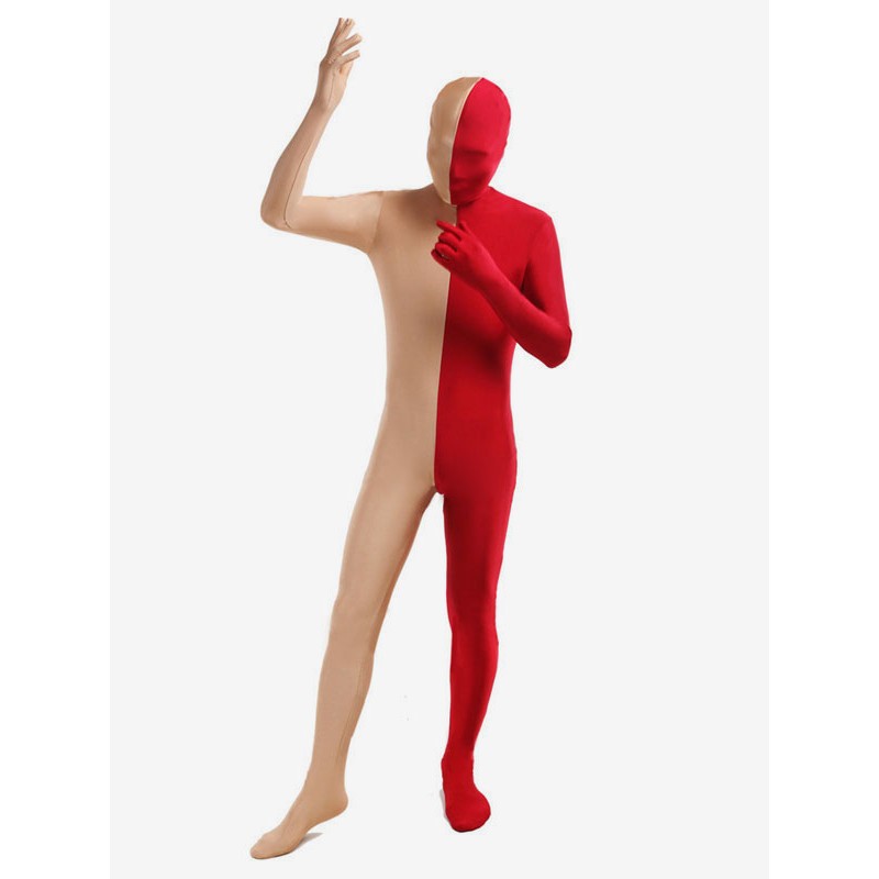 Unisex Red And Fleshcolor Two Tone Zentai Suit Full Body Lycra Spandex Bodysuit