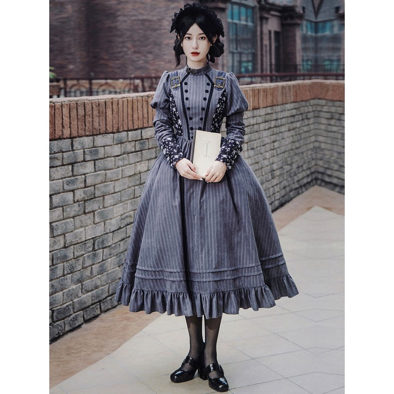 Classical Lolita Dress Polyester Long Sleeves Classic Lolita Dresses Gray