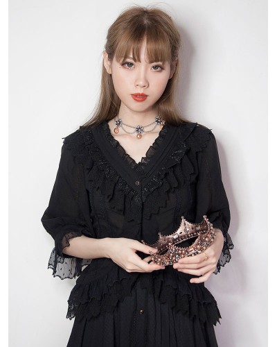 Classic Lolita Shirt Chiffon Lace Trim Ruffle Black Lolita Blouse Tops Classic  Traditional Daily Casual Tea Party