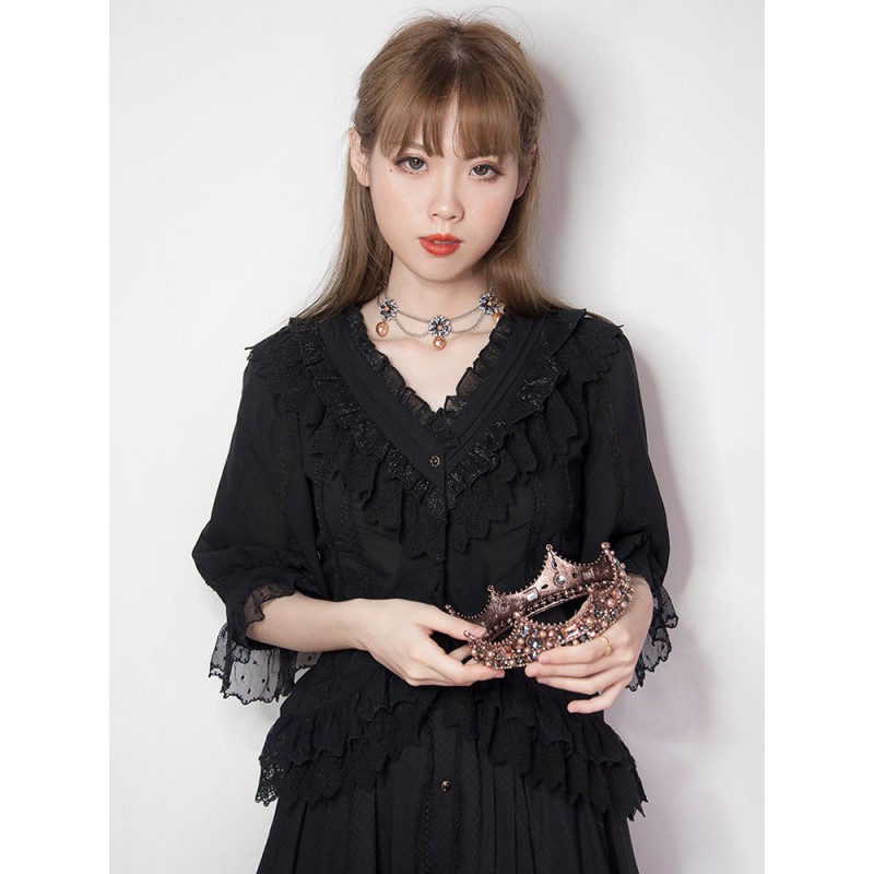 Classic Lolita Shirt Chiffon Lace Trim Ruffle Black Lolita Blouse Tops Classic  Traditional Daily Casual Tea Party