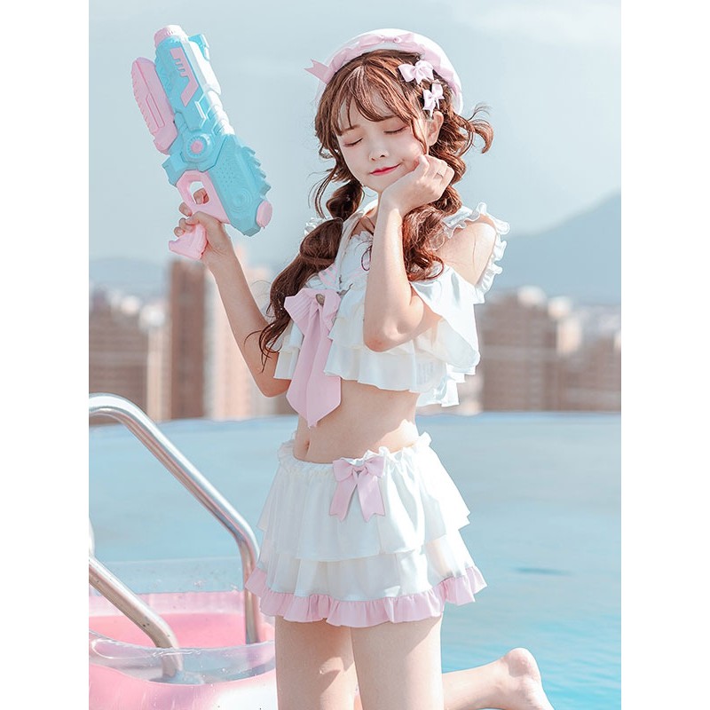 Lolita Outfits Pink Bows Short Sleeves Top Ruffles Skirt 2-Piece Set Sets Sweet Daily Casual