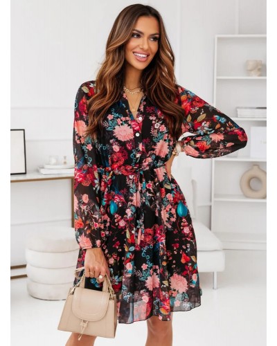 Midi Dress White Turndown Collar Long Sleeves Floral Dresses Shirt Daily Casual