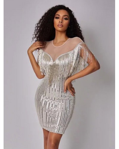 Dresses Silver V-Neck Fringe Sleeveless Backless Semi Formal Dress Sexy Party