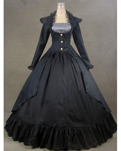 Women Victorian Dress Costume Black Long Sleeves Poplin Dress 's Ball Gown Retro Costumes Outfits Halloween Victorian Era