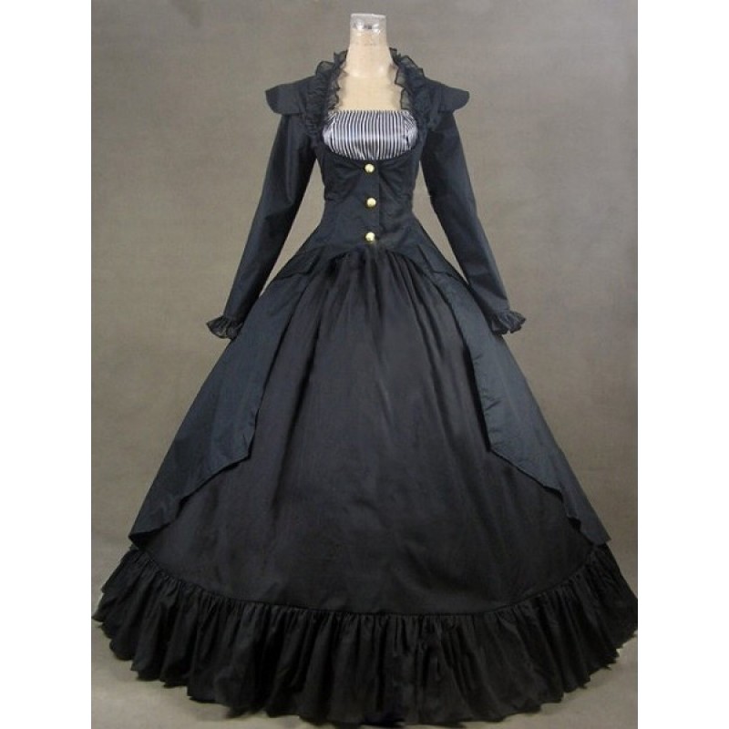 Women Victorian Dress Costume Black Long Sleeves Poplin Dress 's Ball Gown Retro Costumes Outfits Halloween Victorian Era