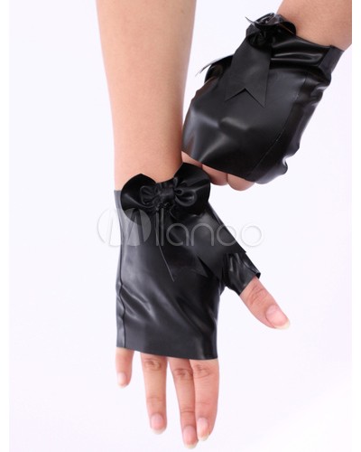 Women Black Small Bow Fingerless Latex Gloves Halloween